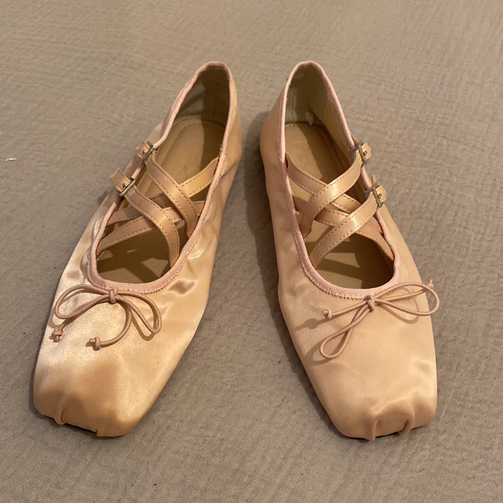 Women's Satin Ballet Flats with Crisscross Straps - Blush